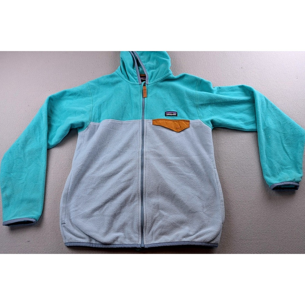 Patagonia Synchilla Fleece Hoodie Full Zip Teal Gray Girls Large 12 Snap Pocket